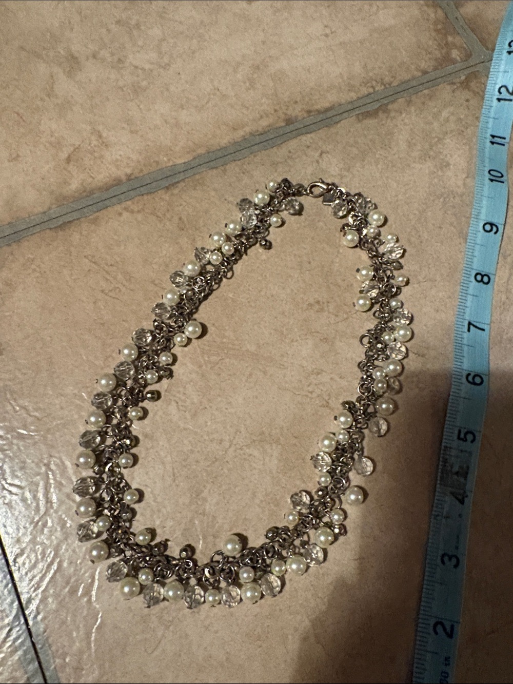 Pearl and Crystal Cluster Necklace - Silver Tone